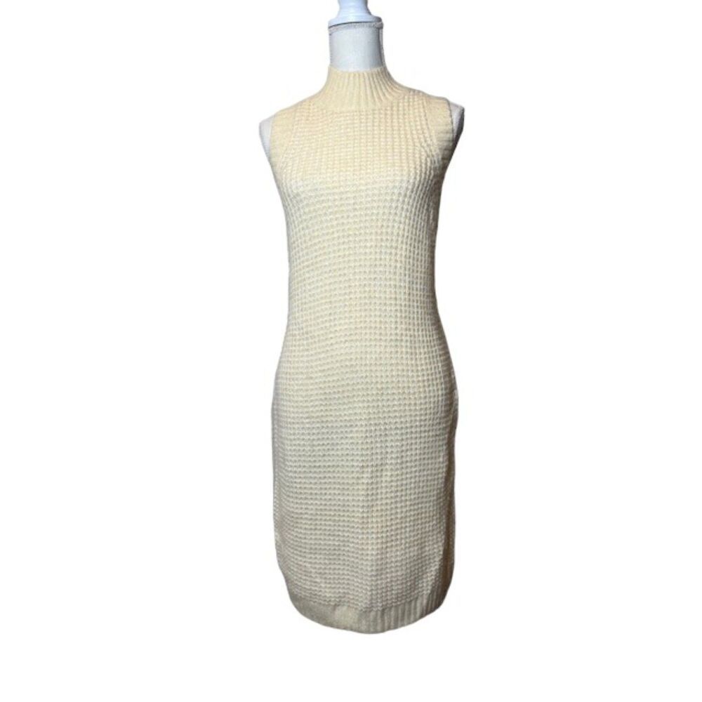 Jessica Simpson Sleeveless Mock Neck Waffle Knit Sweater Dress Cream Medium